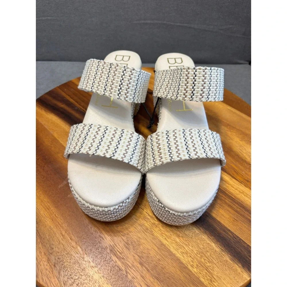 Y2K style, Woven Platform Sandals, Tan Cream Block Heel Women's size 11